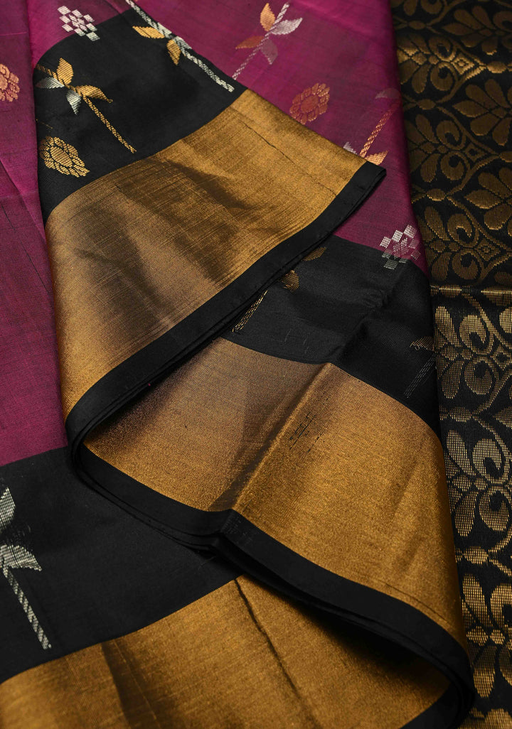 Magenta Sona Rupa Buttas-Stripes on Uppada Handloom Silk Saree with Black Panel and Tissue Zari Border| SILK MARK CERTIFIED