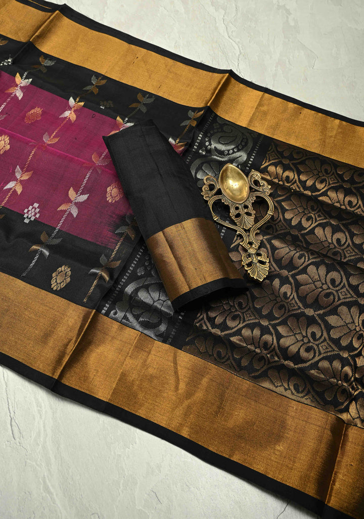 Magenta Sona Rupa Buttas-Stripes on Uppada Handloom Silk Saree with Black Panel and Tissue Zari Border| SILK MARK CERTIFIED