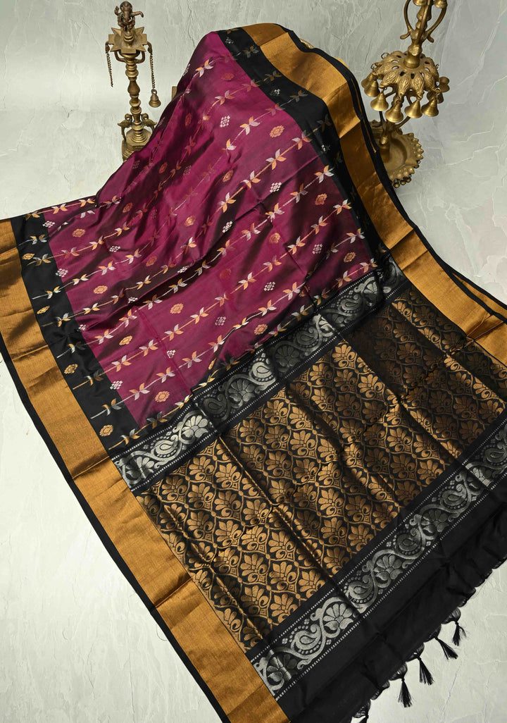 Magenta Sona Rupa Buttas-Stripes on Uppada Handloom Silk Saree with Black Panel and Tissue Zari Border| SILK MARK CERTIFIED