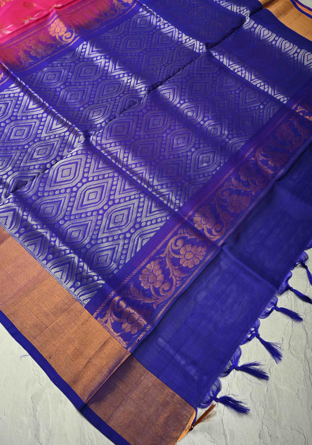 Rani Pink Uppada Handloom Silk Saree with Gold Silver Stripes And Zari Border | SILK MARK CERTIFIED