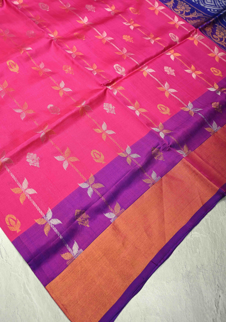 Rani Pink Uppada Handloom Silk Saree with Gold Silver Stripes And Zari Border | SILK MARK CERTIFIED