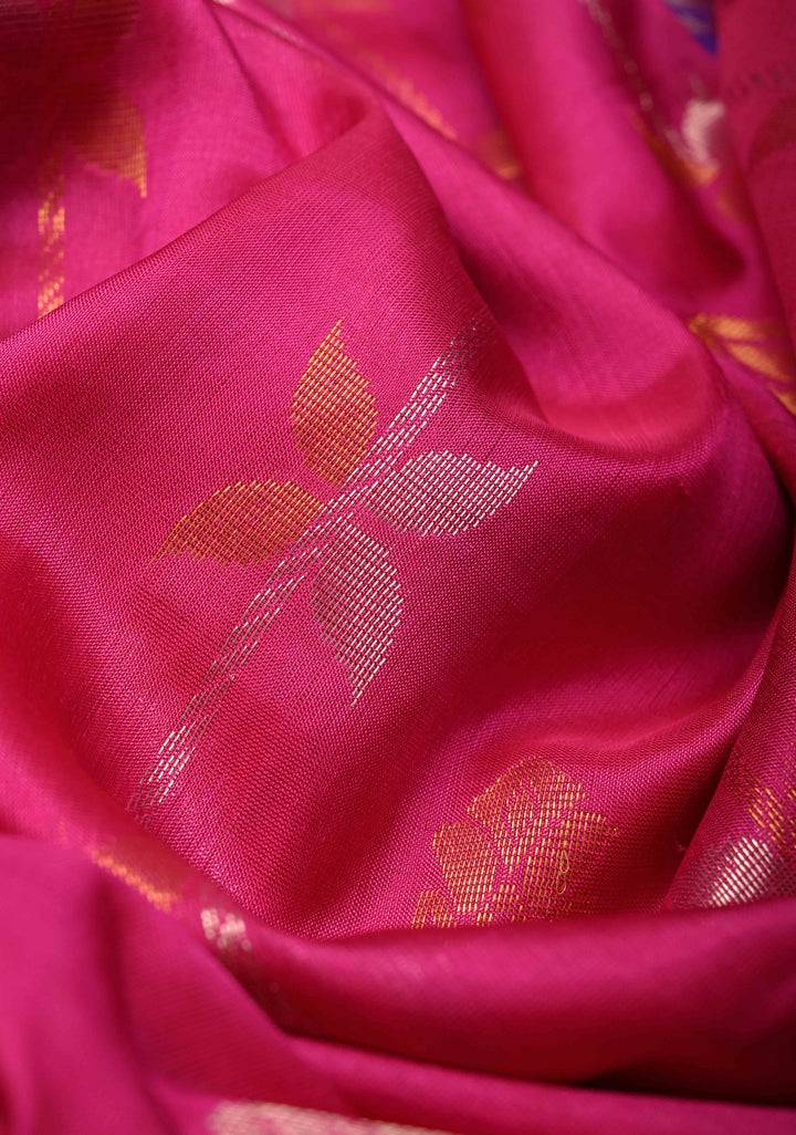 Rani Pink Uppada Handloom Silk Saree with Gold Silver Stripes And Zari Border | SILK MARK CERTIFIED