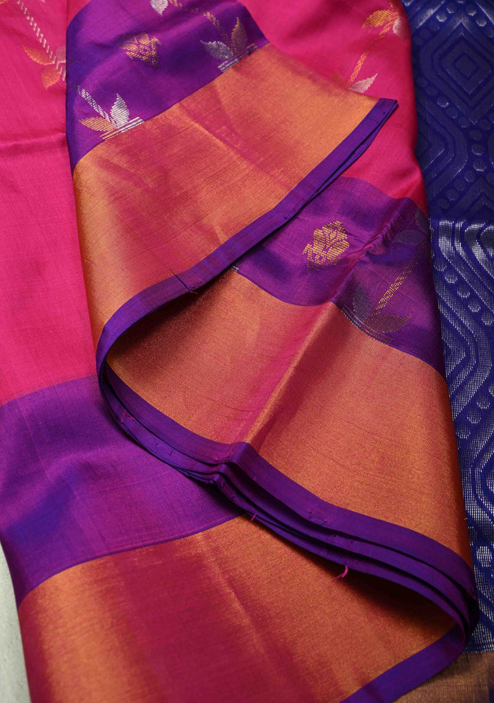 Rani Pink Uppada Handloom Silk Saree with Gold Silver Stripes And Zari Border | SILK MARK CERTIFIED