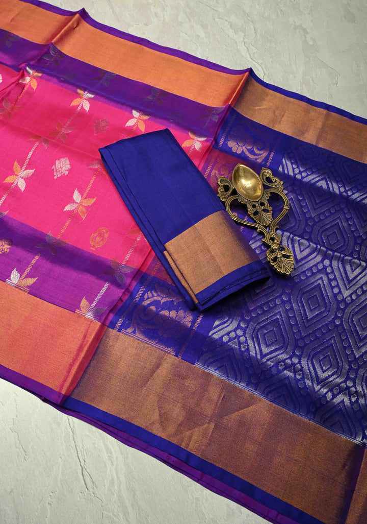 Rani Pink Uppada Handloom Silk Saree with Gold Silver Stripes And Zari Border | SILK MARK CERTIFIED