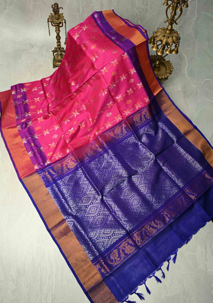 Rani Pink Uppada Handloom Silk Saree with Gold Silver Stripes And Zari Border | SILK MARK CERTIFIED