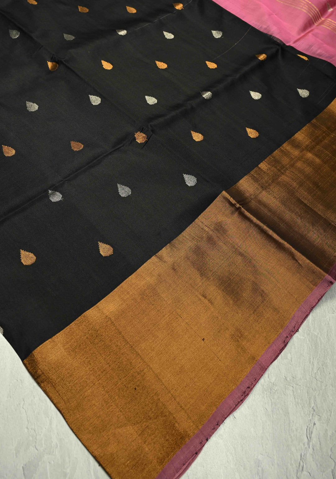 Black Uppada Handloom Silk Saree with Sona Rupa Buttas and Tissue Border | SILK MARK CERTIFIED