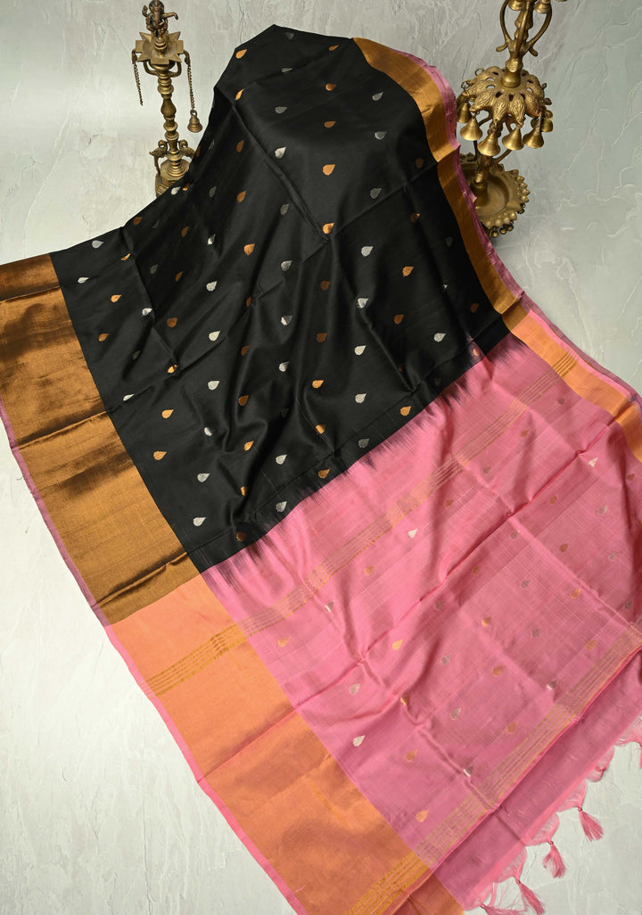 Black Uppada Handloom Silk Saree with Sona Rupa Buttas and Tissue Border | SILK MARK CERTIFIED
