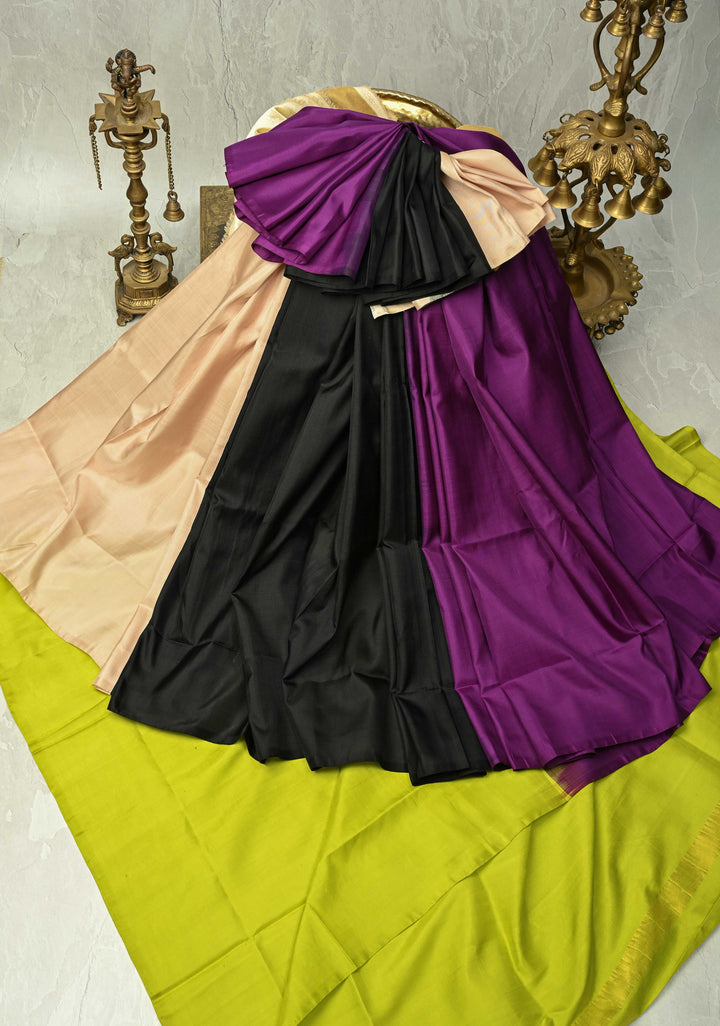 Borderless Off White-Black-Purple Uppada Handloom Pure Silk Saree with Panel Pattern | SILK MARK CERTIFIED