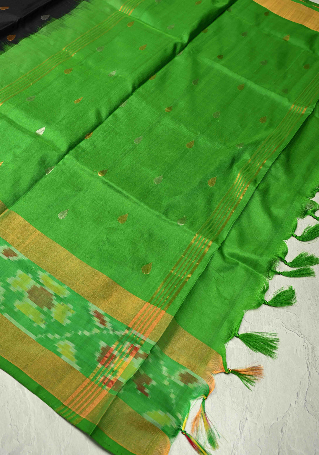 Black Uppada Handloom Silk Saree with Sona Rupa Buttas and Ikkat Border | SILK MARK CERTIFIED