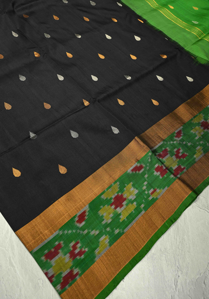 Black Uppada Handloom Silk Saree with Sona Rupa Buttas and Ikkat Border | SILK MARK CERTIFIED