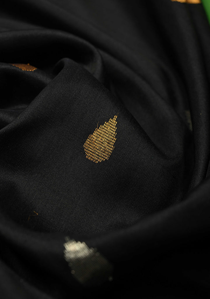 Black Uppada Handloom Silk Saree with Sona Rupa Buttas and Ikkat Border | SILK MARK CERTIFIED