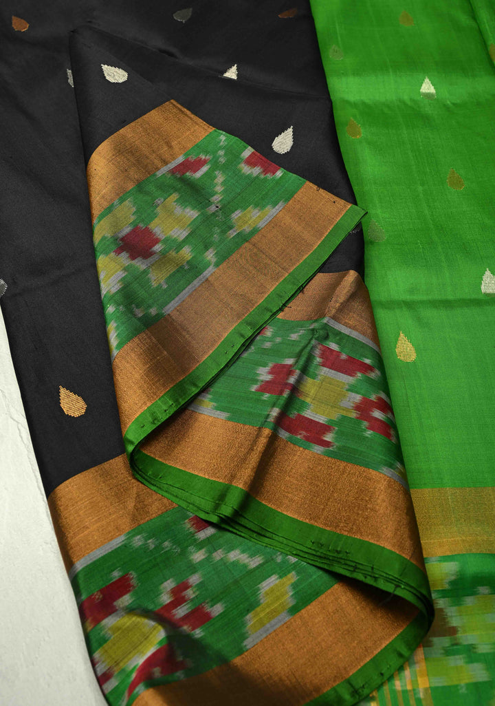Black Uppada Handloom Silk Saree with Sona Rupa Buttas and Ikkat Border | SILK MARK CERTIFIED
