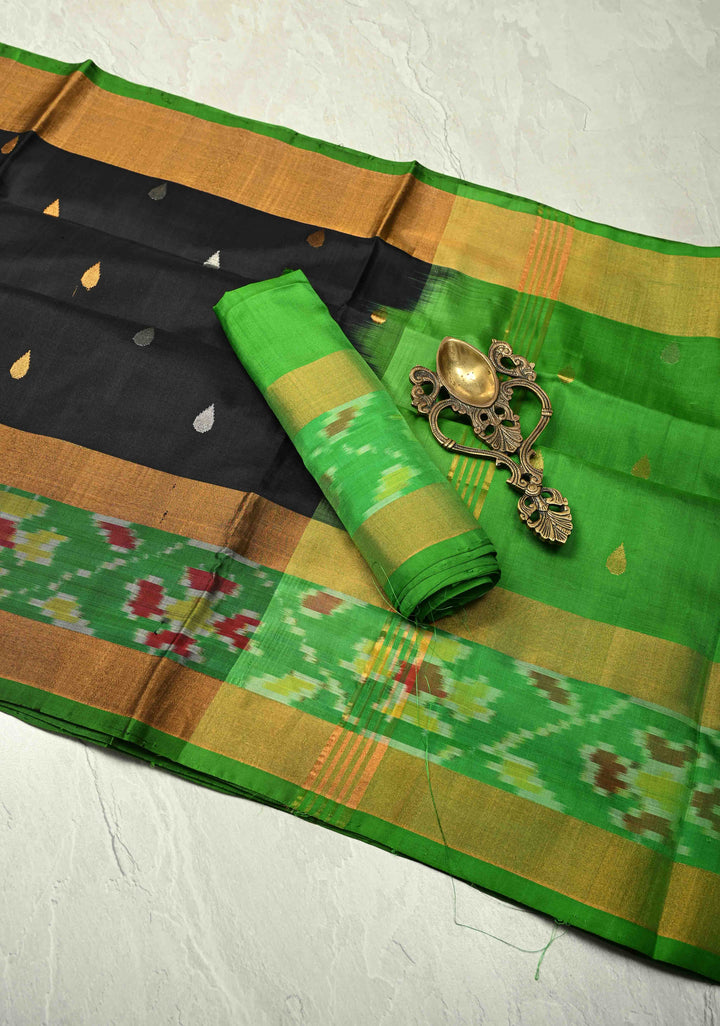 Black Uppada Handloom Silk Saree with Sona Rupa Buttas and Ikkat Border | SILK MARK CERTIFIED