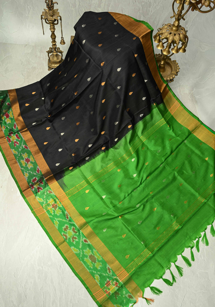 Black Uppada Handloom Silk Saree with Sona Rupa Buttas and Ikkat Border | SILK MARK CERTIFIED