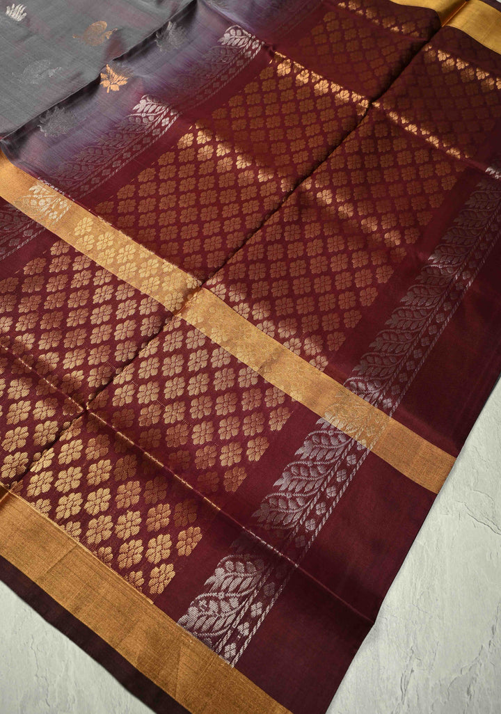 Grayish Brown Dual Tone Uppada Handloom Silk Saree with Sona Rupa Buttas and Muted Tissue Border | SILK MARK CERTIFIED