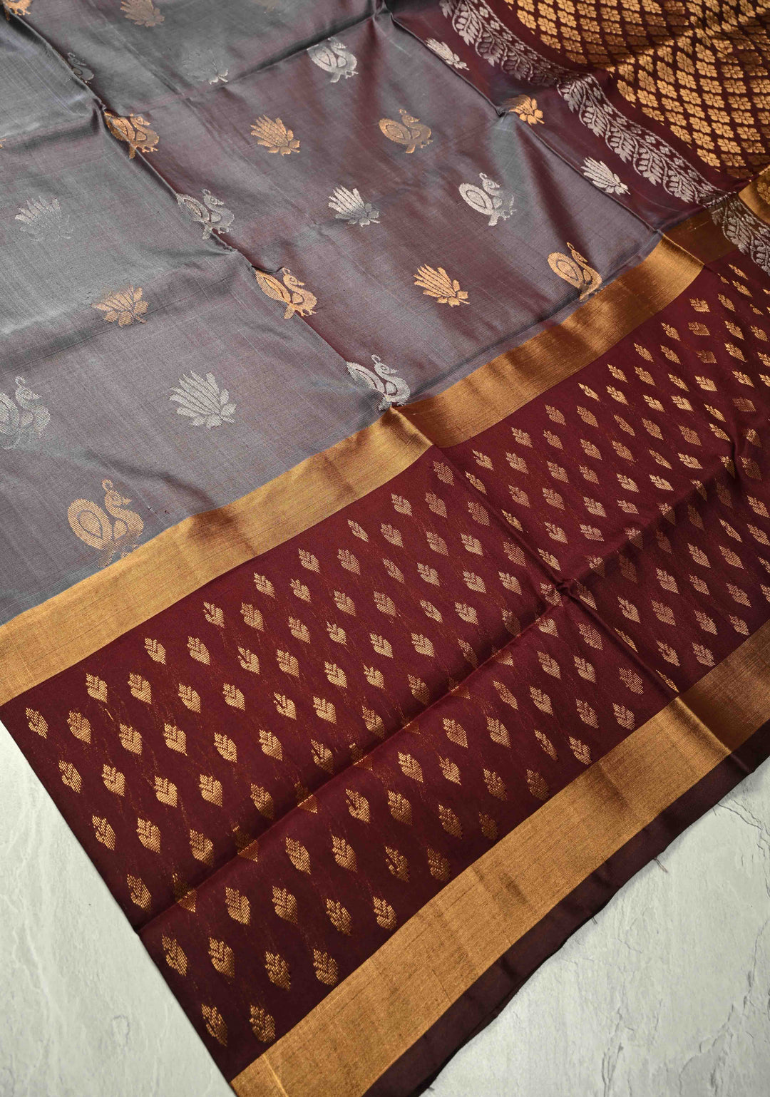 Grayish Brown Dual Tone Uppada Handloom Silk Saree with Sona Rupa Buttas and Muted Tissue Border | SILK MARK CERTIFIED