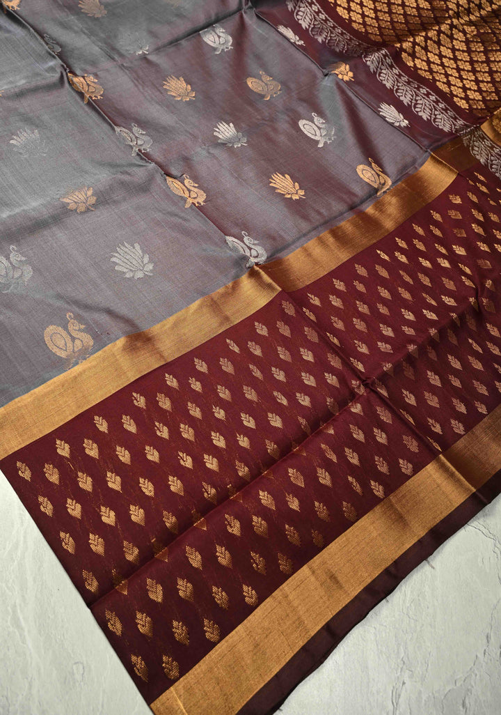 Grayish Brown Dual Tone Uppada Handloom Silk Saree with Sona Rupa Buttas and Muted Tissue Border | SILK MARK CERTIFIED