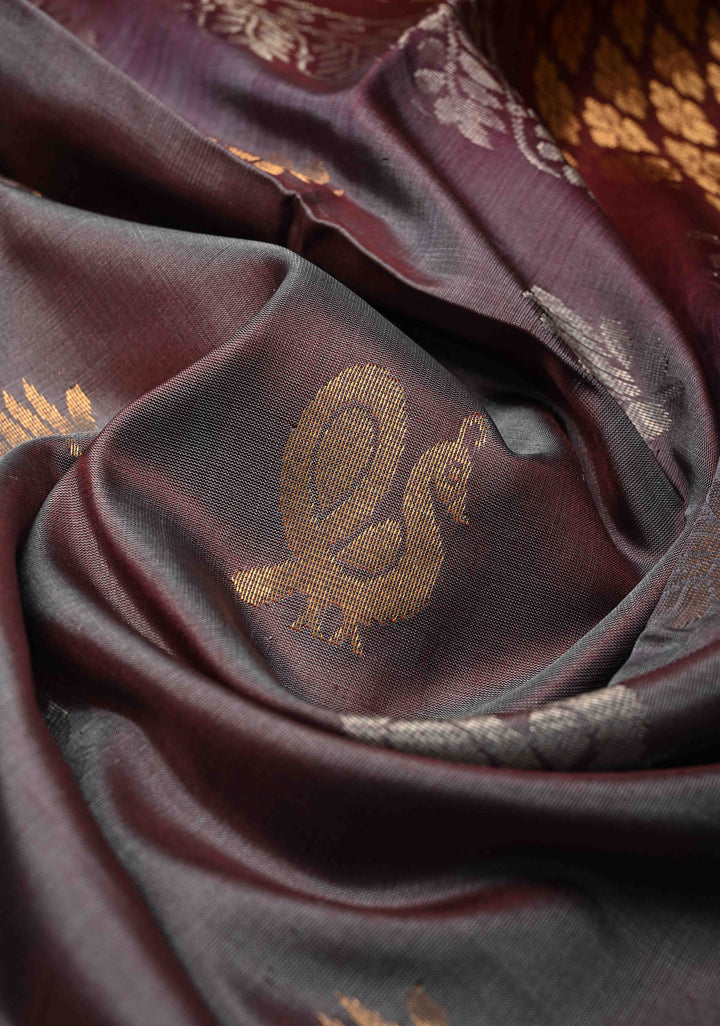 Grayish Brown Dual Tone Uppada Handloom Silk Saree with Sona Rupa Buttas and Muted Tissue Border | SILK MARK CERTIFIED