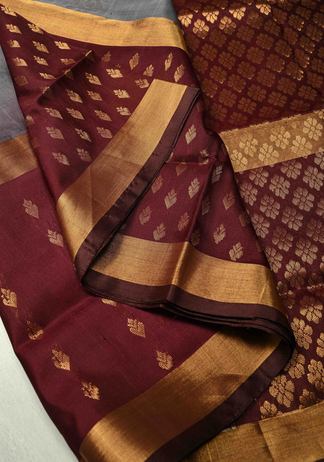 Grayish Brown Dual Tone Uppada Handloom Silk Saree with Sona Rupa Buttas and Muted Tissue Border | SILK MARK CERTIFIED