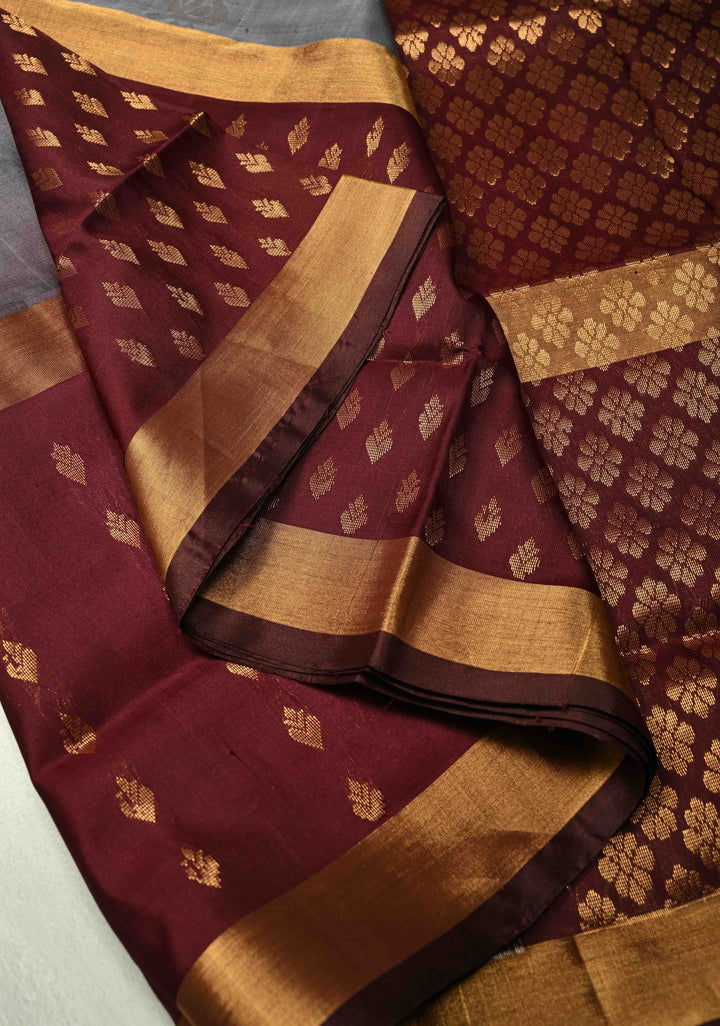 Grayish Brown Dual Tone Uppada Handloom Silk Saree with Sona Rupa Buttas and Muted Tissue Border | SILK MARK CERTIFIED