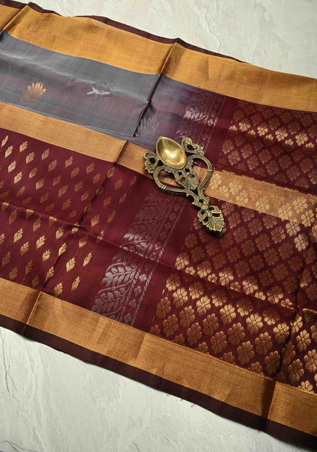 Grayish Brown Dual Tone Uppada Handloom Silk Saree with Sona Rupa Buttas and Muted Tissue Border | SILK MARK CERTIFIED