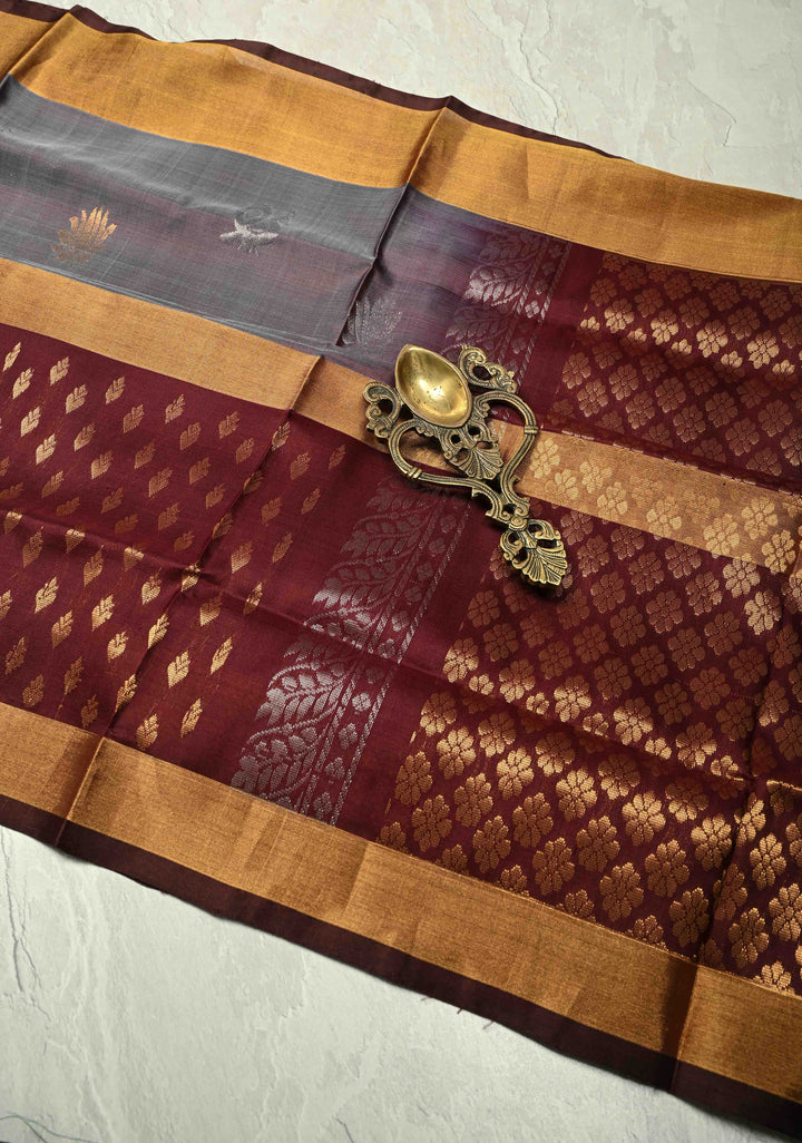 Grayish Brown Dual Tone Uppada Handloom Silk Saree with Sona Rupa Buttas and Muted Tissue Border | SILK MARK CERTIFIED