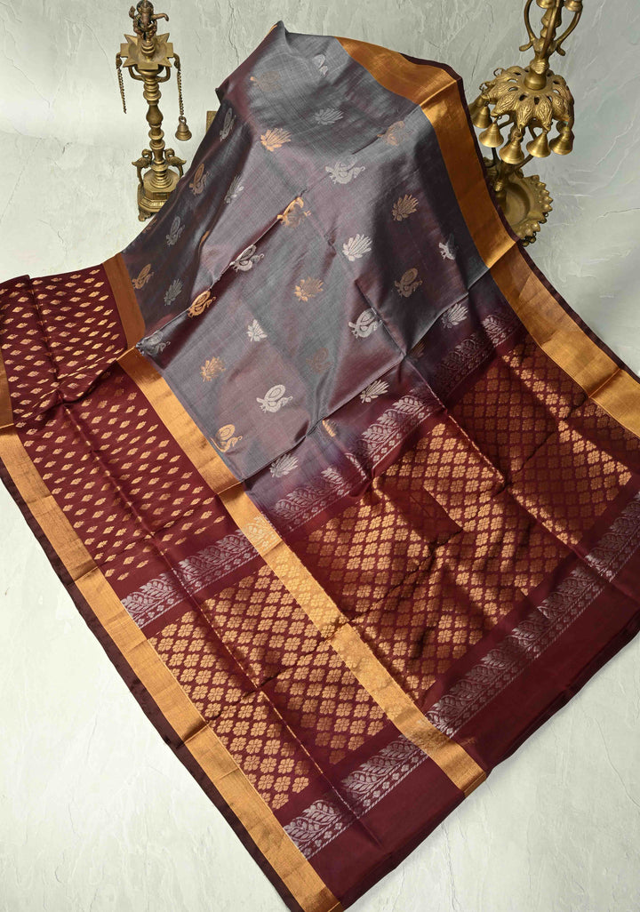 Grayish Brown Dual Tone Uppada Handloom Silk Saree with Sona Rupa Buttas and Muted Tissue Border | SILK MARK CERTIFIED