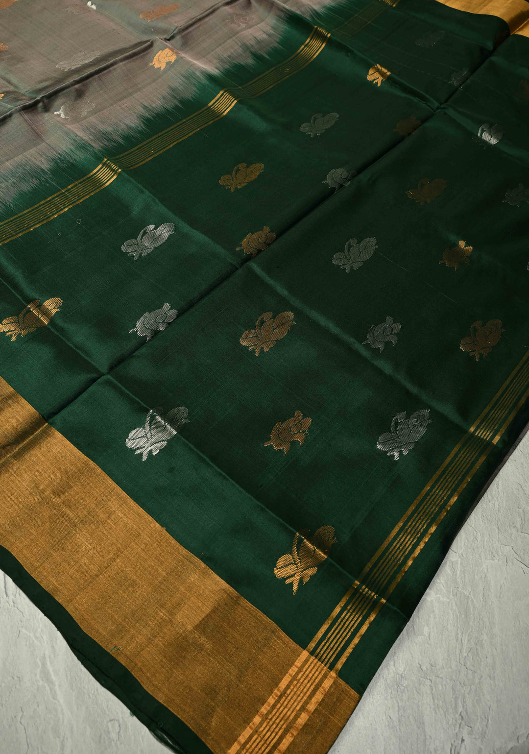 Green Dual tone Sona Rupa Buttas on Uppada Handloom Silk Saree with Green Panel and Tissue Zari Border| SILK MARK CERTIFIED