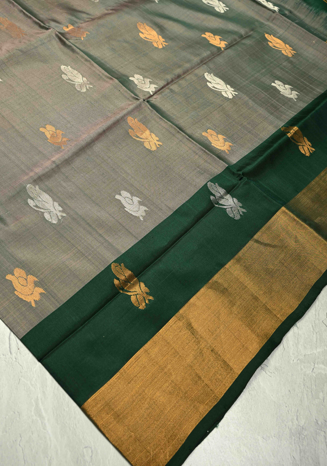 Green Dual tone Sona Rupa Buttas on Uppada Handloom Silk Saree with Green Panel and Tissue Zari Border| SILK MARK CERTIFIED