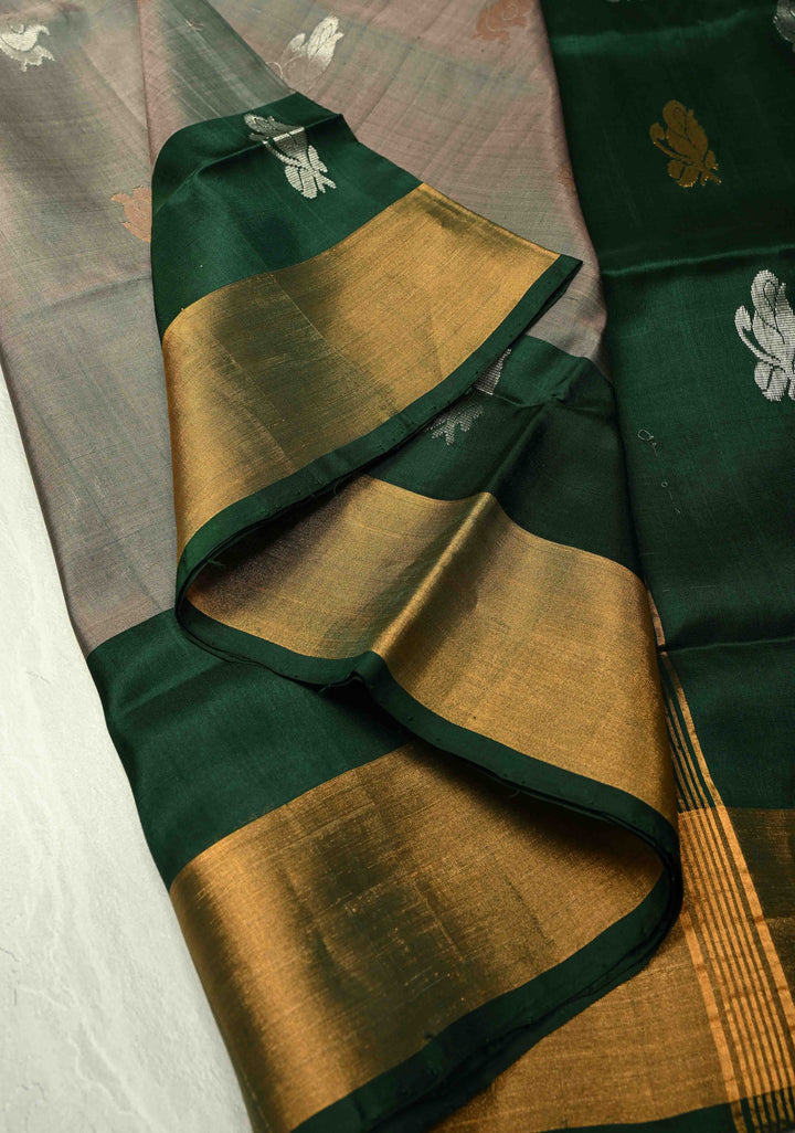 Green Dual tone Sona Rupa Buttas on Uppada Handloom Silk Saree with Green Panel and Tissue Zari Border| SILK MARK CERTIFIED