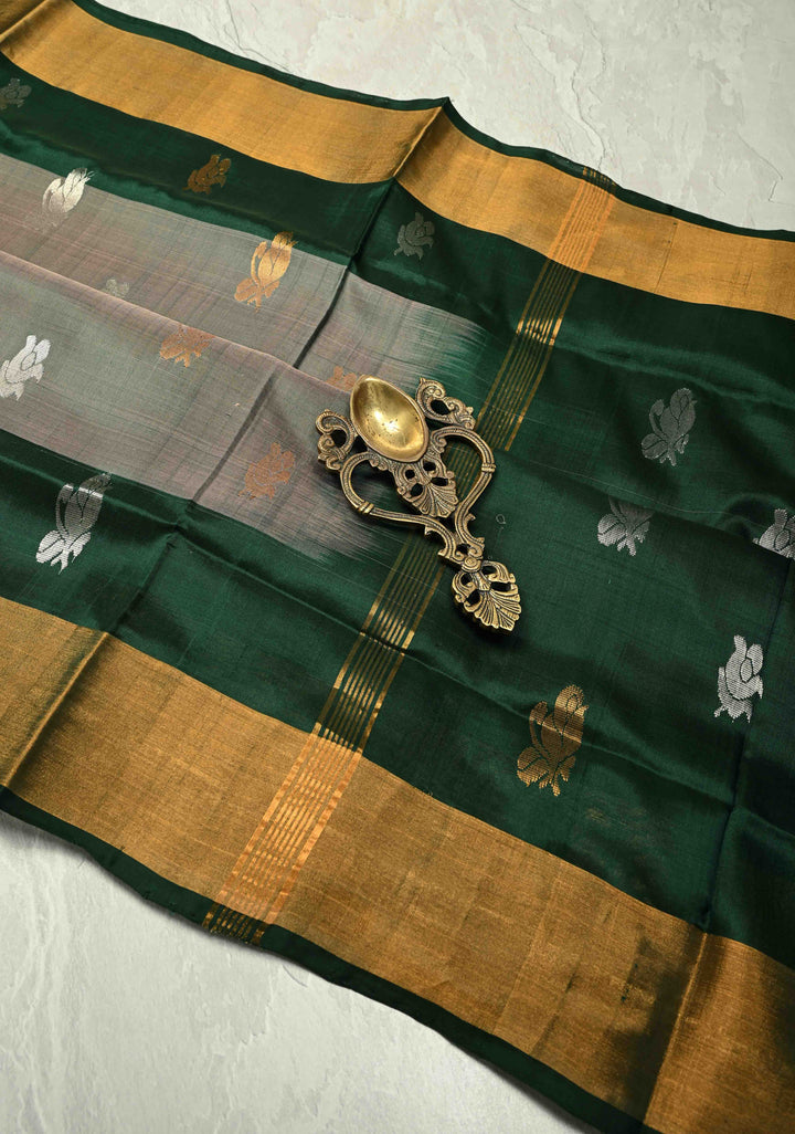 Green Dual tone Sona Rupa Buttas on Uppada Handloom Silk Saree with Green Panel and Tissue Zari Border| SILK MARK CERTIFIED