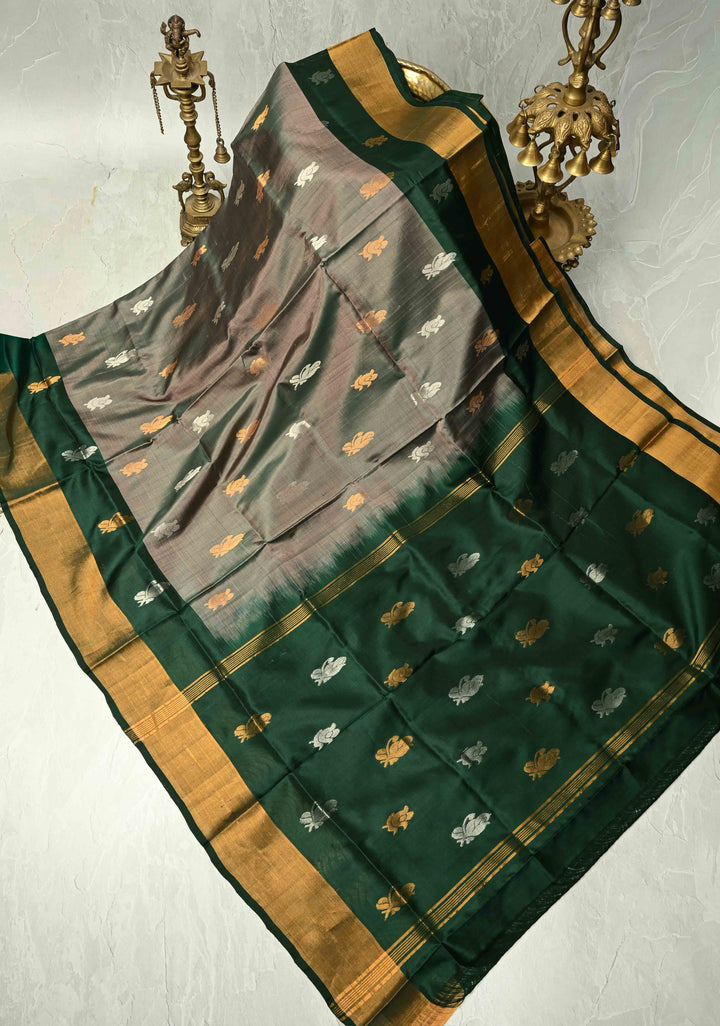 Green Dual tone Sona Rupa Buttas on Uppada Handloom Silk Saree with Green Panel and Tissue Zari Border| SILK MARK CERTIFIED