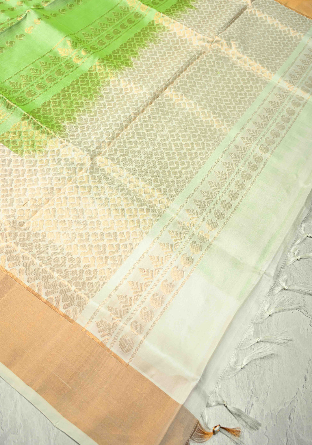 Pista Green Uppada Handloom Silk Saree with Zari Buttas and Meenakari Pannel on Tissue Border | SILK MARK CERTIFIED