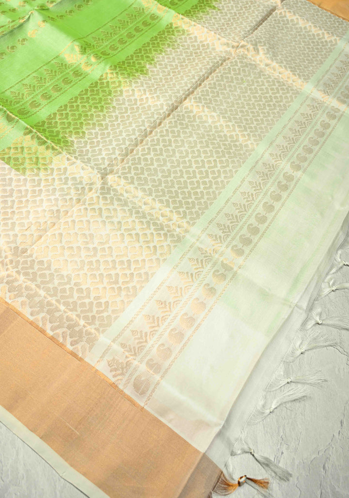 Pista Green Uppada Handloom Silk Saree with Zari Buttas and Meenakari Pannel on Tissue Border | SILK MARK CERTIFIED