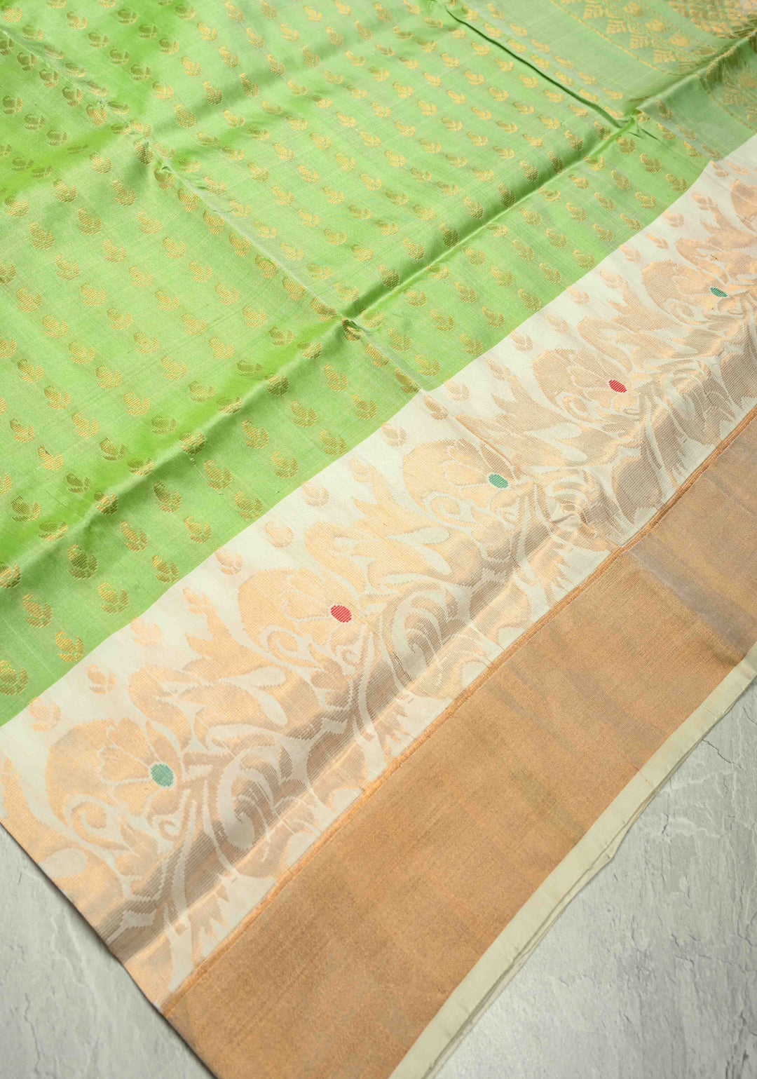 Pista Green Uppada Handloom Silk Saree with Zari Buttas and Meenakari Pannel on Tissue Border | SILK MARK CERTIFIED