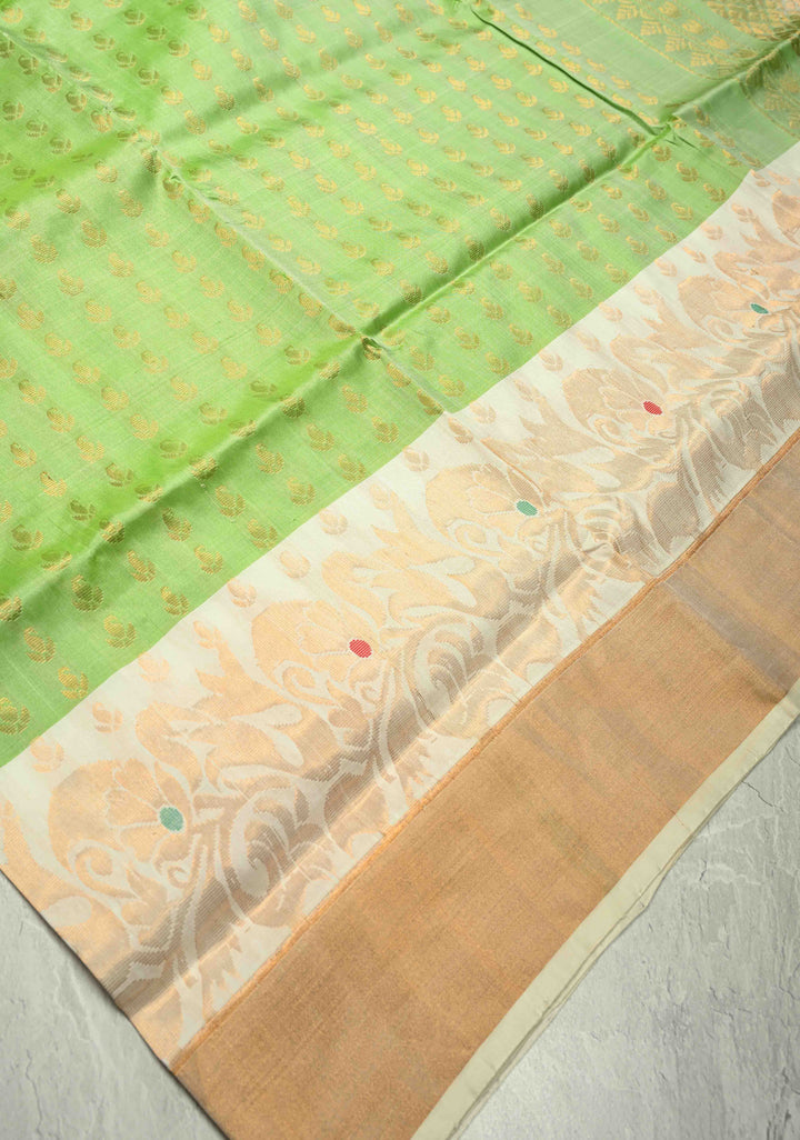 Pista Green Uppada Handloom Silk Saree with Zari Buttas and Meenakari Pannel on Tissue Border | SILK MARK CERTIFIED