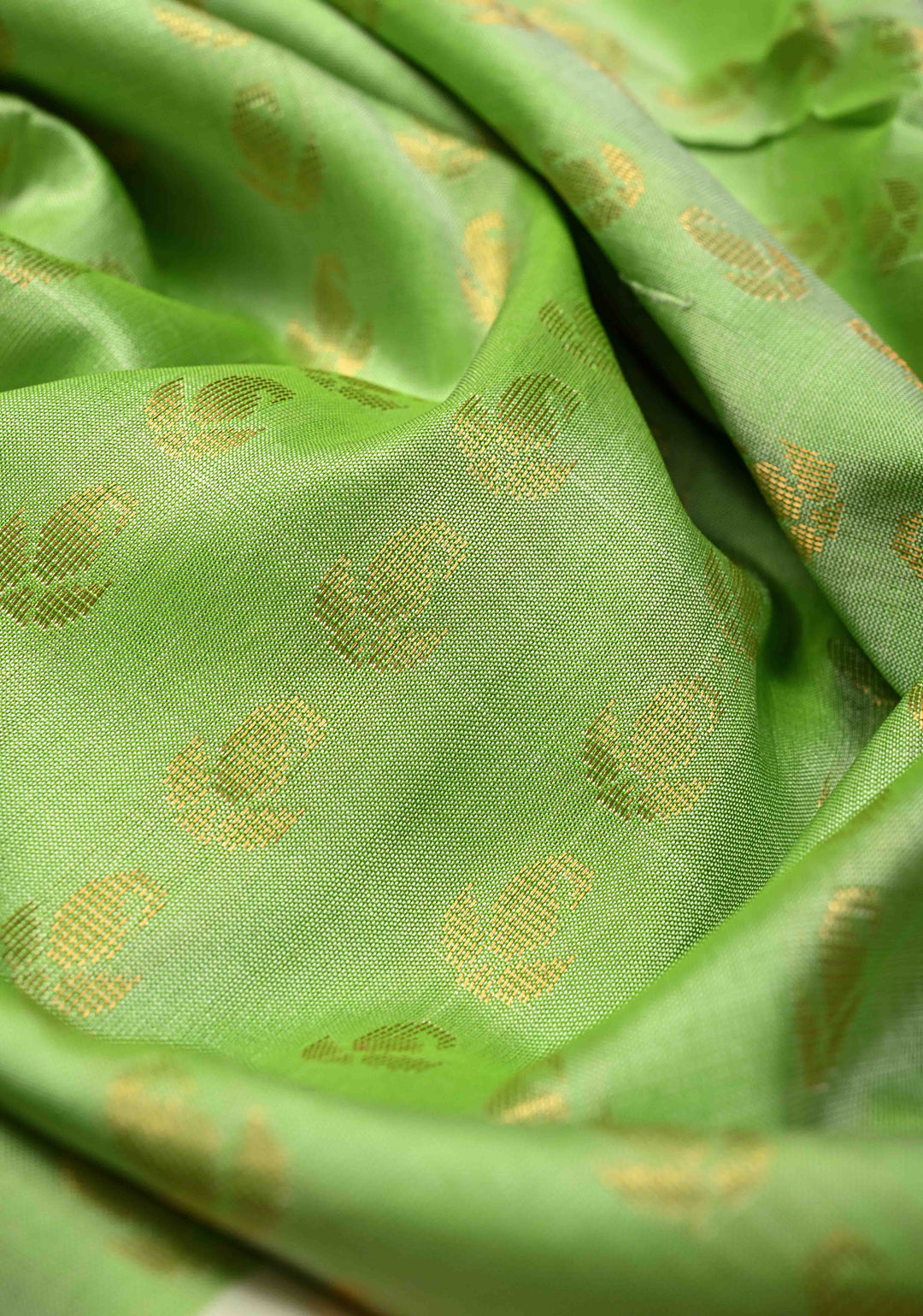 Pista Green Uppada Handloom Silk Saree with Zari Buttas and Meenakari Pannel on Tissue Border | SILK MARK CERTIFIED