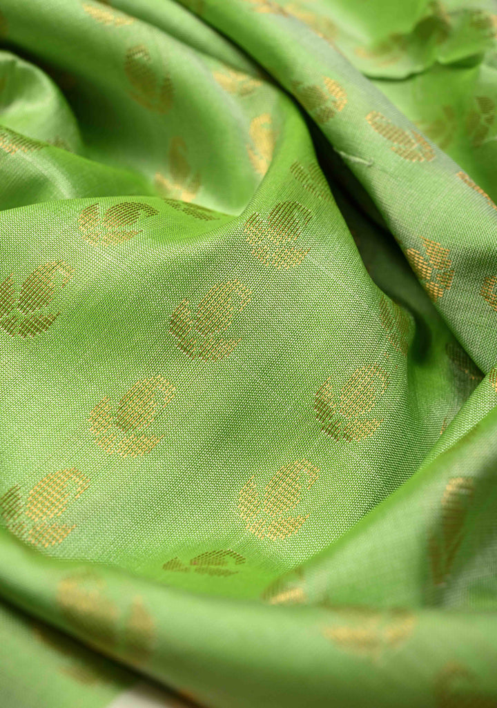 Pista Green Uppada Handloom Silk Saree with Zari Buttas and Meenakari Pannel on Tissue Border | SILK MARK CERTIFIED