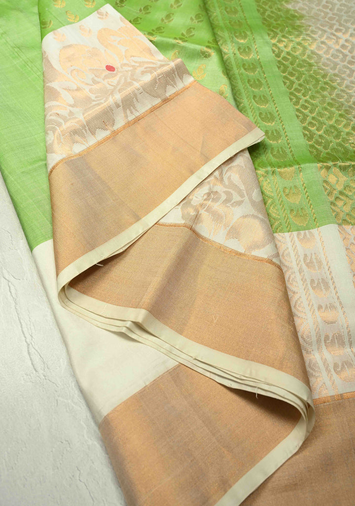 Pista Green Uppada Handloom Silk Saree with Zari Buttas and Meenakari Pannel on Tissue Border | SILK MARK CERTIFIED