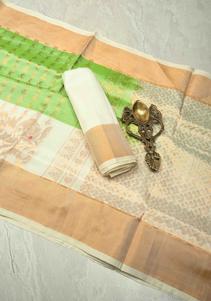 Pista Green Uppada Handloom Silk Saree with Zari Buttas and Meenakari Pannel on Tissue Border | SILK MARK CERTIFIED