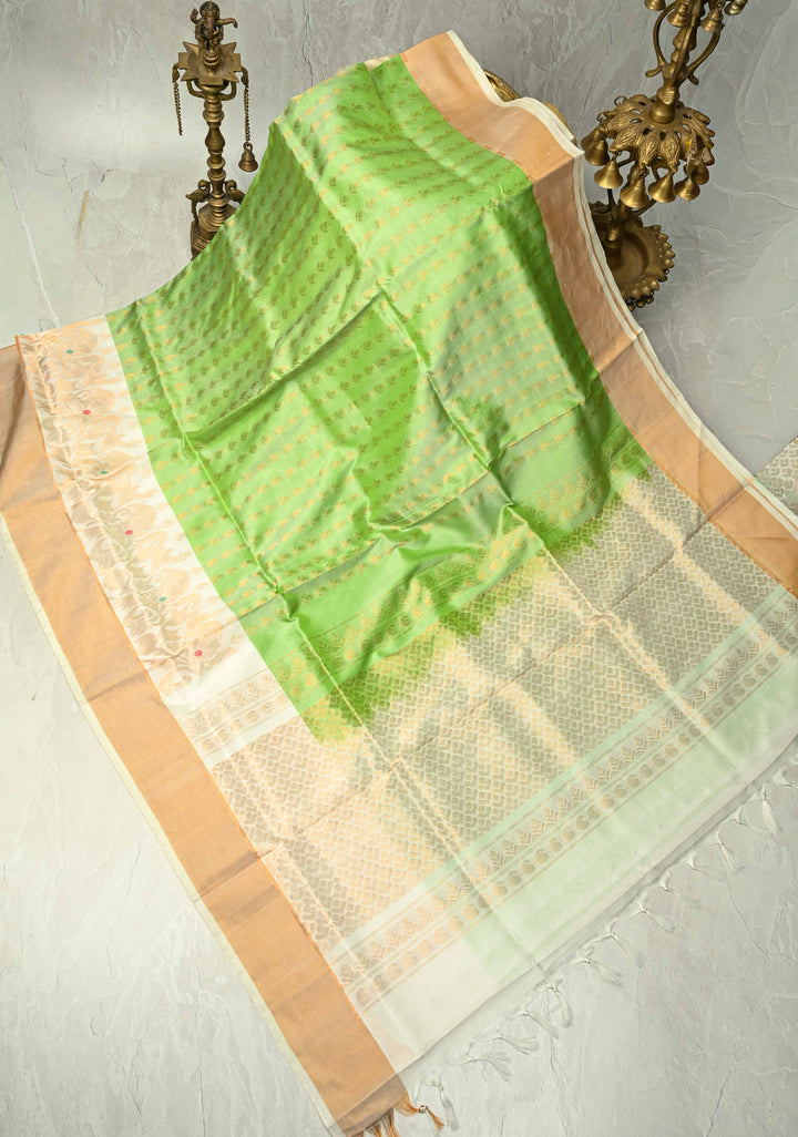 Pista Green Uppada Handloom Silk Saree with Zari Buttas and Meenakari Pannel on Tissue Border | SILK MARK CERTIFIED