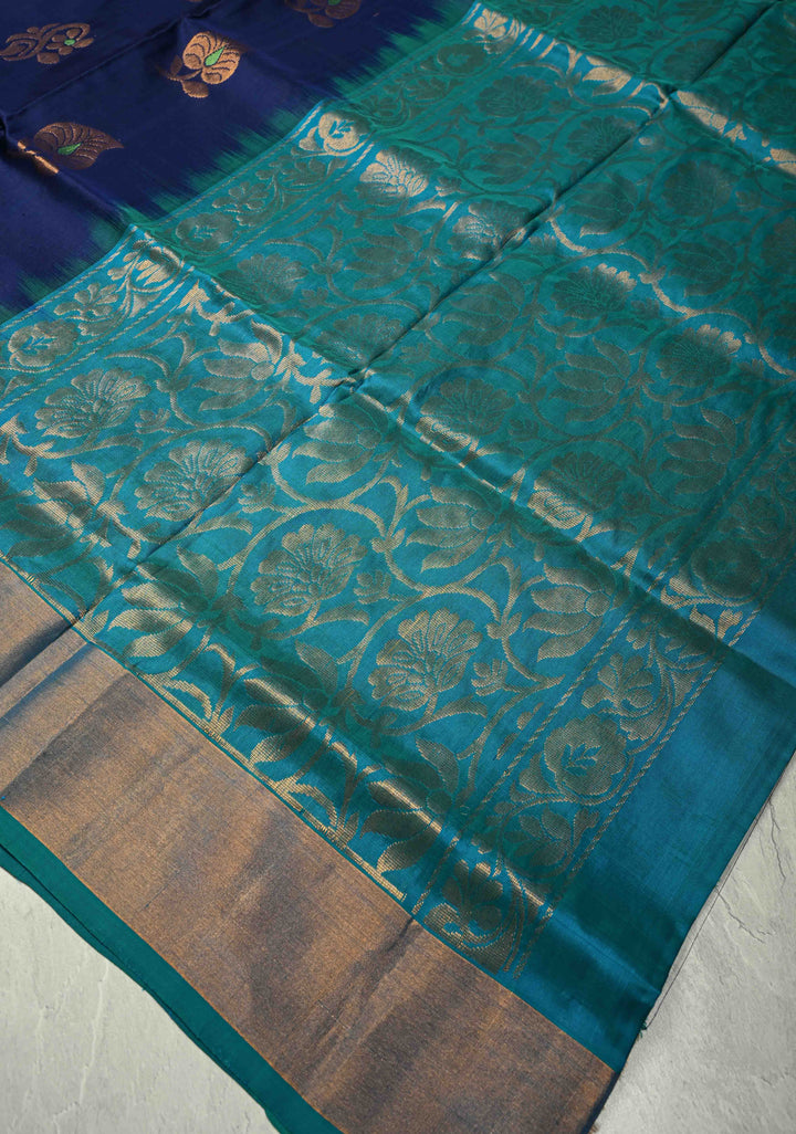Navy Blue Meenakari Buttas on Uppada Handloom Silk Saree with Panel and Tissue Zari Border| SILK MARK CERTIFIED