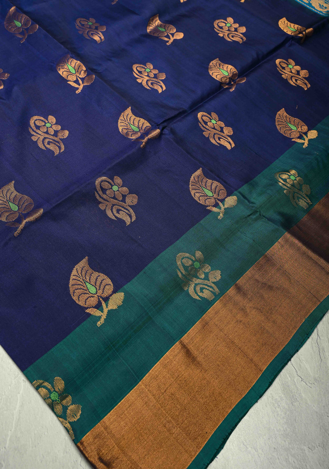 Navy Blue Meenakari Buttas on Uppada Handloom Silk Saree with Panel and Tissue Zari Border| SILK MARK CERTIFIED