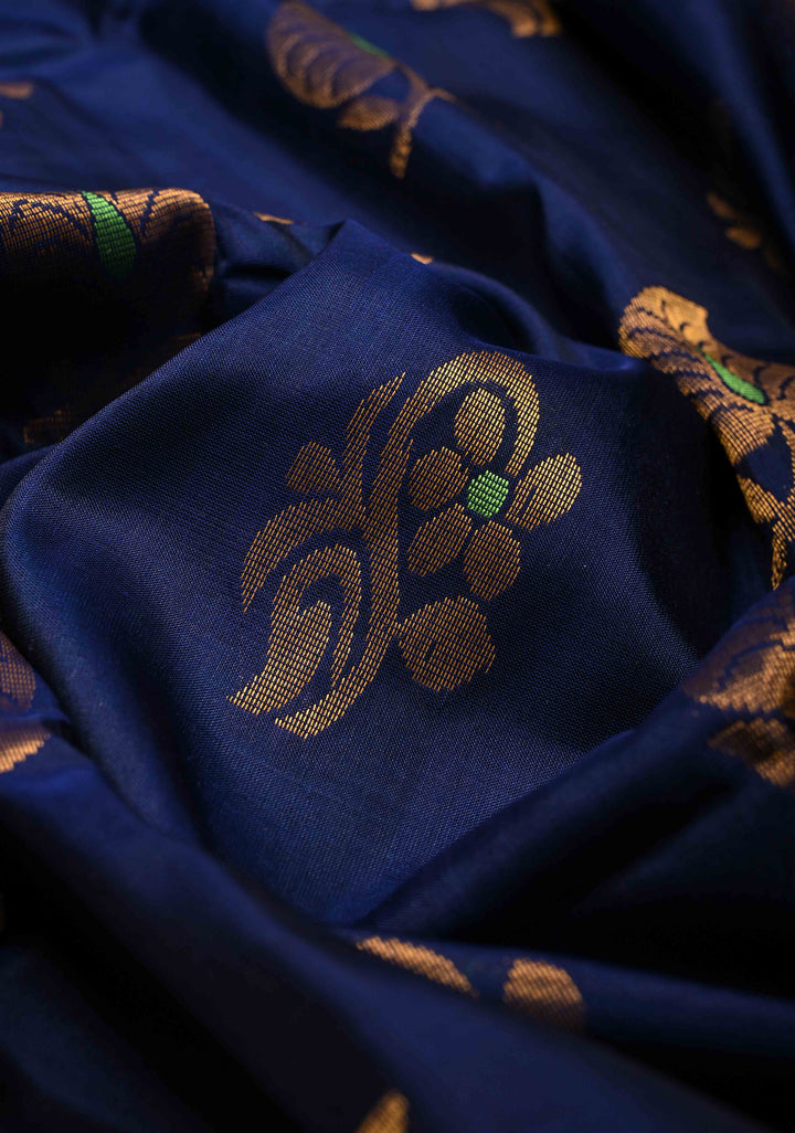 Navy Blue Meenakari Buttas on Uppada Handloom Silk Saree with Panel and Tissue Zari Border| SILK MARK CERTIFIED