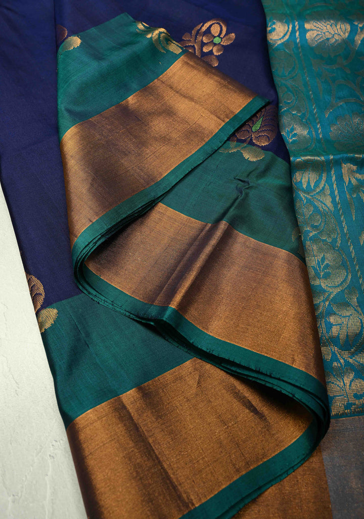 Navy Blue Meenakari Buttas on Uppada Handloom Silk Saree with Panel and Tissue Zari Border| SILK MARK CERTIFIED