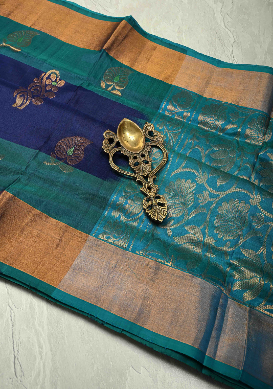 Navy Blue Meenakari Buttas on Uppada Handloom Silk Saree with Panel and Tissue Zari Border| SILK MARK CERTIFIED