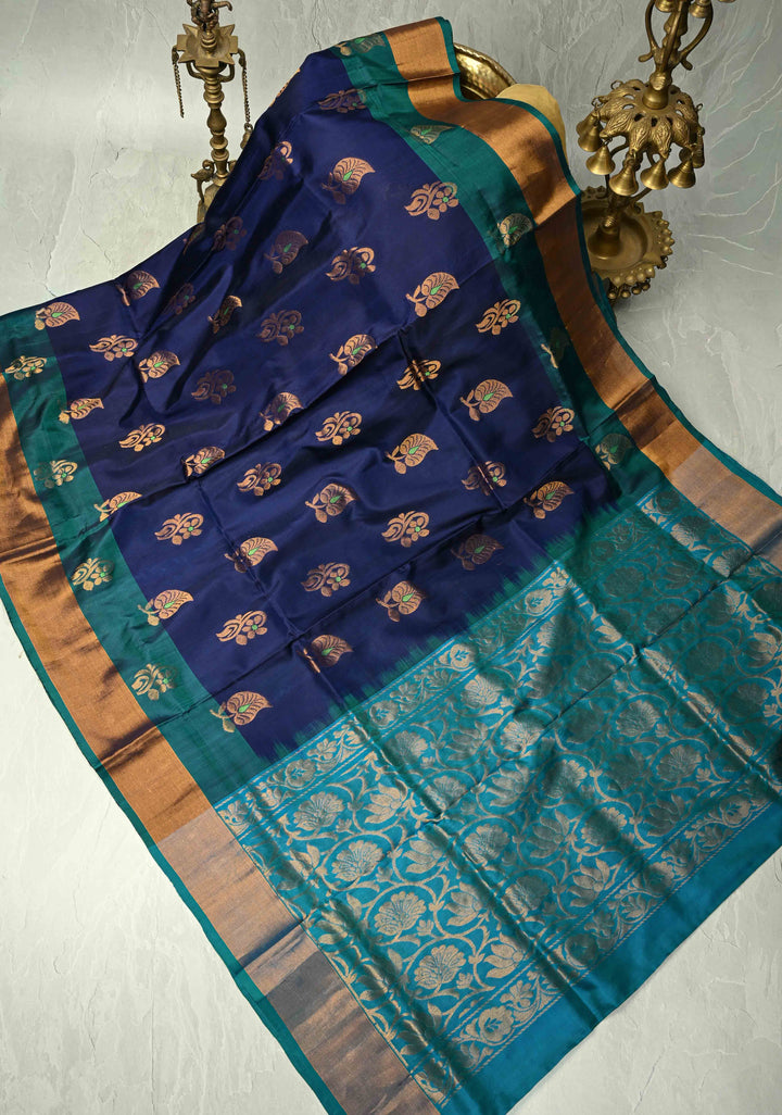 Navy Blue Meenakari Buttas on Uppada Handloom Silk Saree with Panel and Tissue Zari Border| SILK MARK CERTIFIED