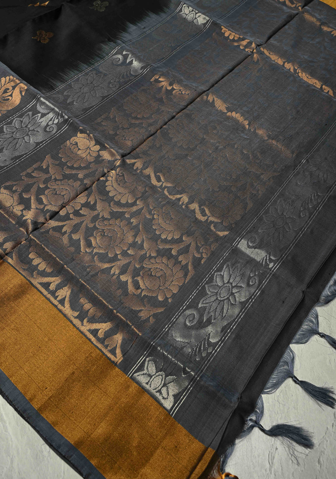 Stunning Black Uppada Handloom Silk Saree with Gold Silver Zari Buttas and Tissue Border | SILK MARK CERTIFIED