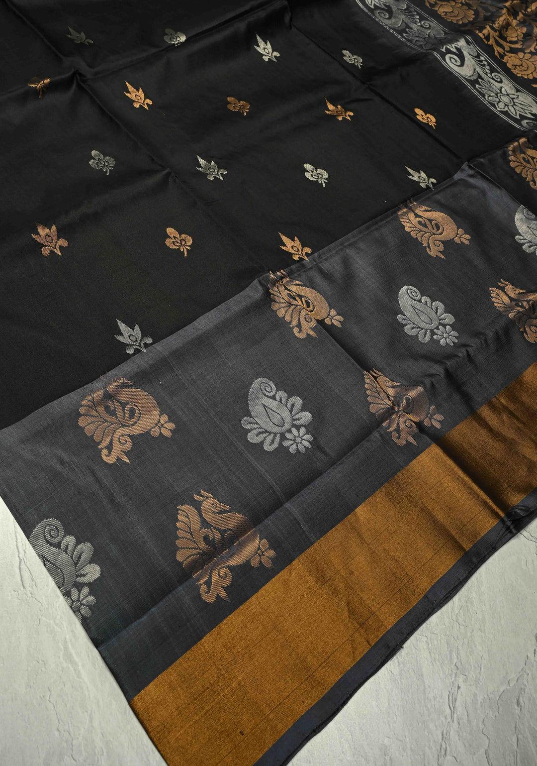 Stunning Black Uppada Handloom Silk Saree with Gold Silver Zari Buttas and Tissue Border | SILK MARK CERTIFIED