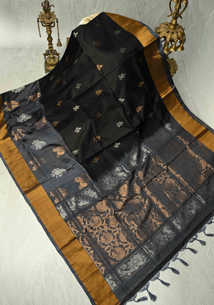 Stunning Black Uppada Handloom Silk Saree with Gold Silver Zari Buttas and Tissue Border | SILK MARK CERTIFIED